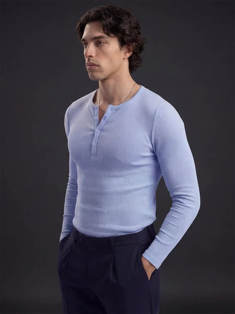 Sky Blue Ribbed Henley Longsleeves Tshirt