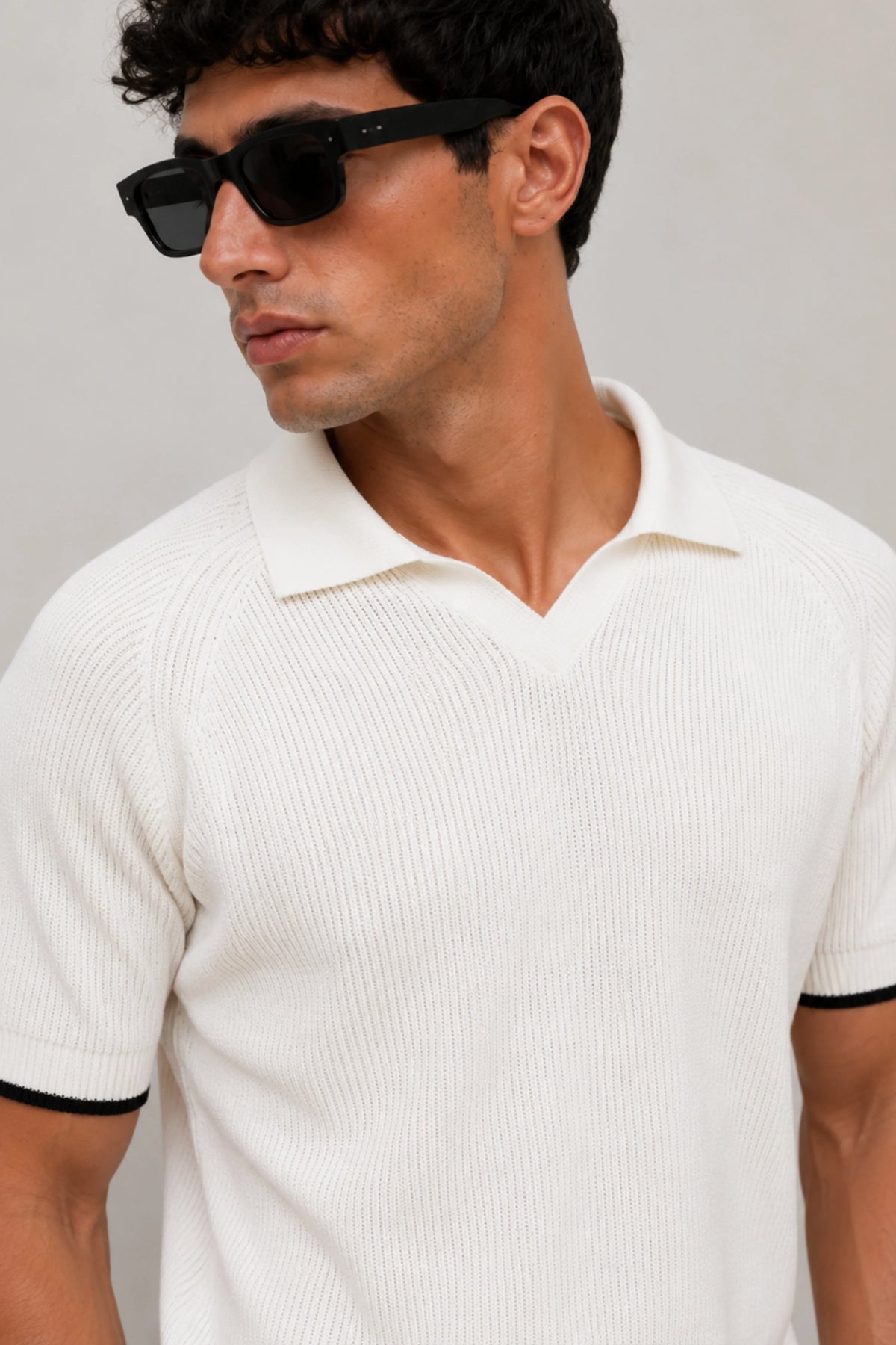White Rib Knit Polo