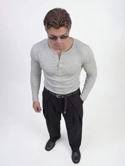 Light Grey Ribbed Henley Longsleeves Tshirt