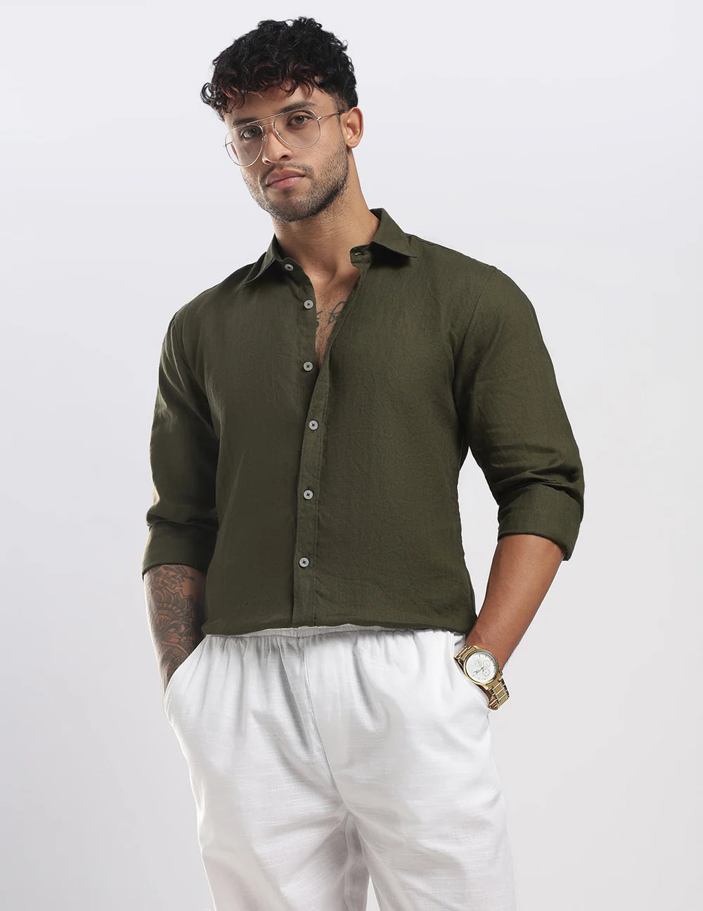 Men's Premium Olive Green Linen Shirt