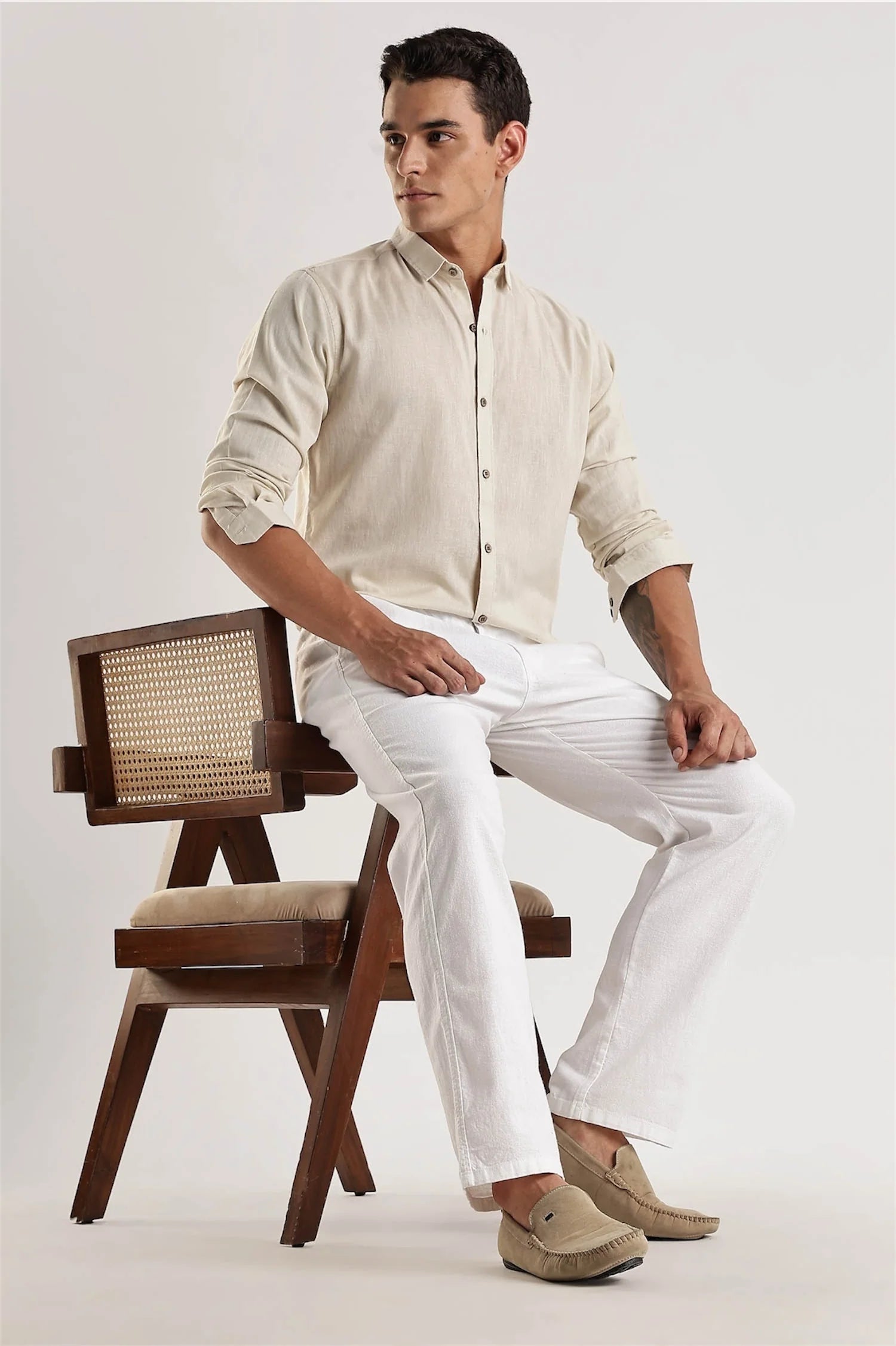 White Regular Fit Linen Pants