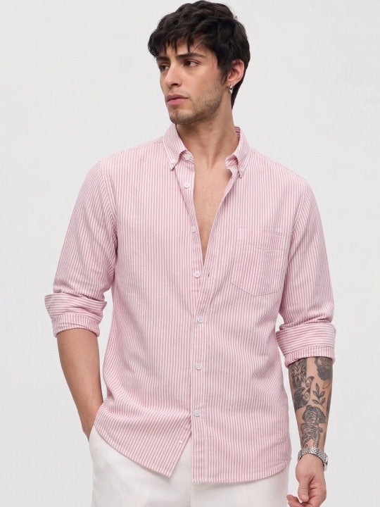 Pink &amp; White Striped Cotton Casual Shirt