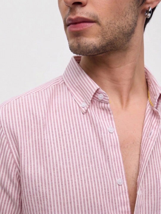 Pink &amp; White Striped Cotton Casual Shirt