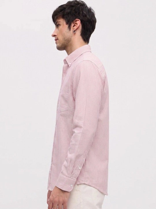 Pink &amp; White Striped Cotton Casual Shirt