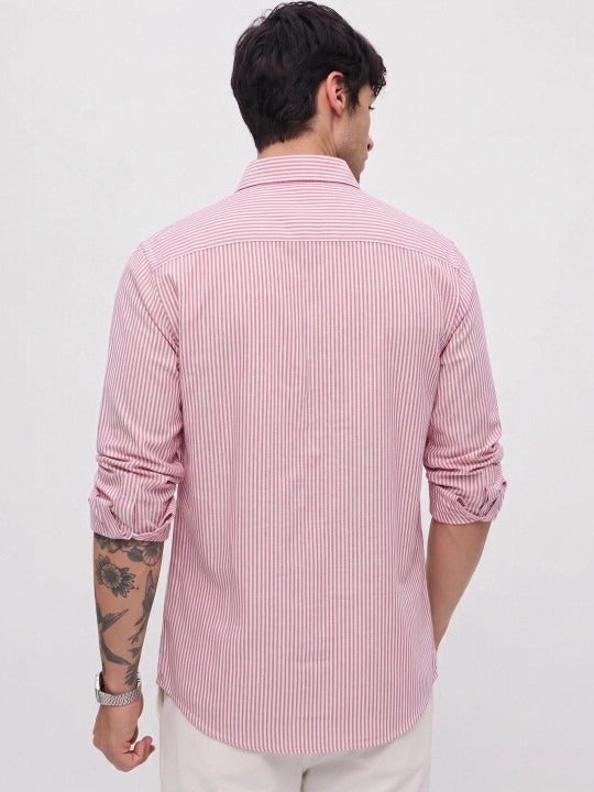 Pink &amp; White Striped Cotton Casual Shirt