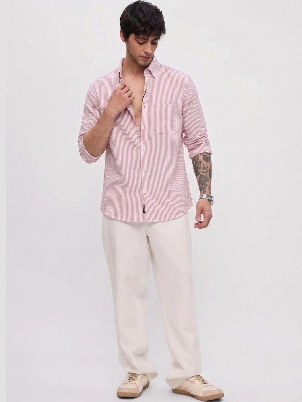 Pink &amp; White Striped Cotton Casual Shirt