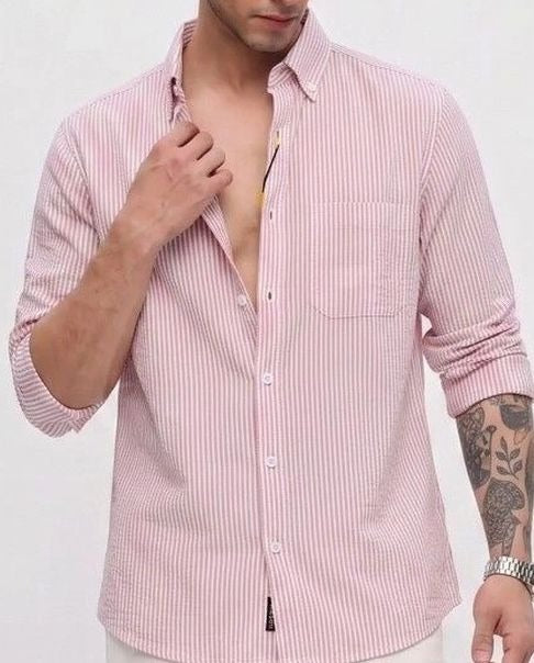 Pink &amp; White Striped Cotton Casual Shirt